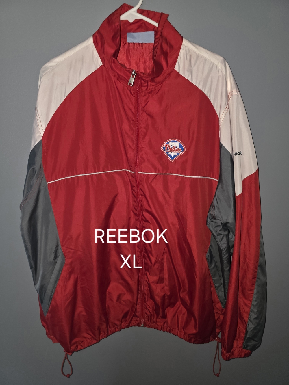 PHILLIES Reebok Red Windbreaker Jacket with White & Gray Panels